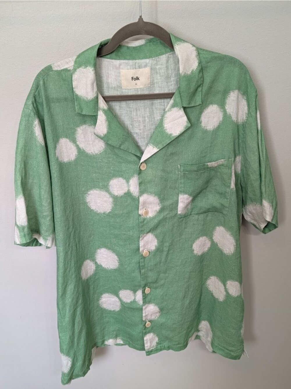 Folk Men's Sz 6 XXL Dot Print Linen Vacation Shirt in Green Camp Collar